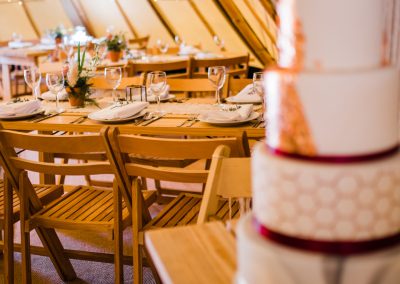 Wedding cake and tables set for tipi wedding, Scarborough